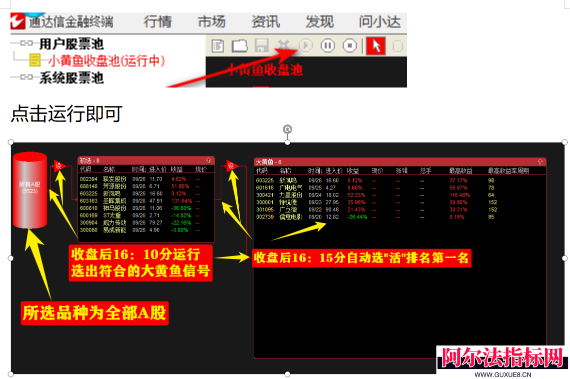 图片[9]阿尔法指标网-提供金钻指标以及精品亲测实战指标公式，汇集各大股市名师高手教程、股市战法交流等.....售价3500【2025金钻大黄鱼】预警、低吸、排序 捕捉强拉升段、快速拉升段用黄鱼的形态表现。指标升级加入排序源码解密！【金指标系列】阿尔法指标网-提供金钻指标以及精品亲测实战指标公式，汇集各大股市名师高手教程、股市战法交流等.....阿尔法指标网